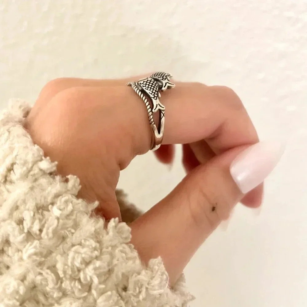 925 Sterling Silver Fish Ring School of Fish Ring Dainty Adjustable Ring - Picture 9 of 10